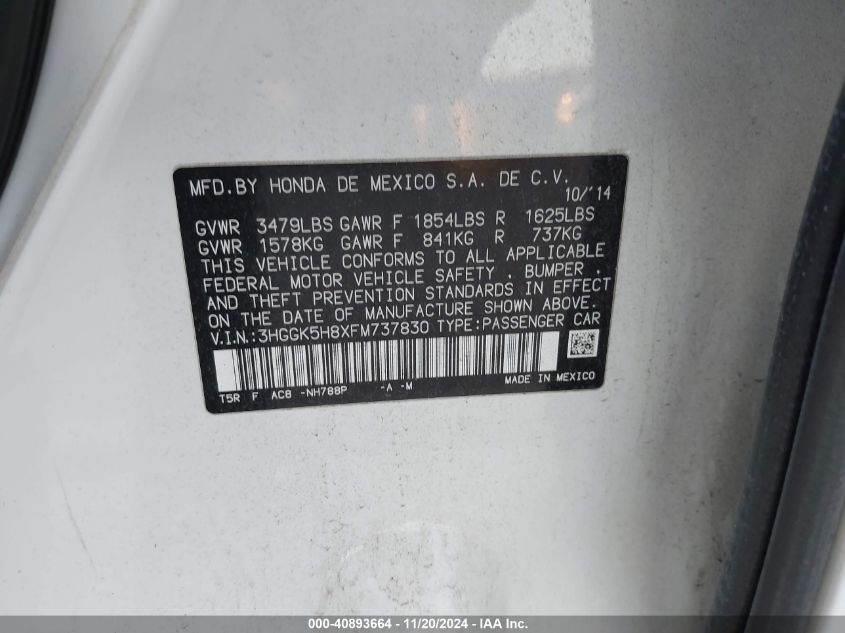 2015 HONDA FIT VIN: 3HGGK5H8XFM737830
