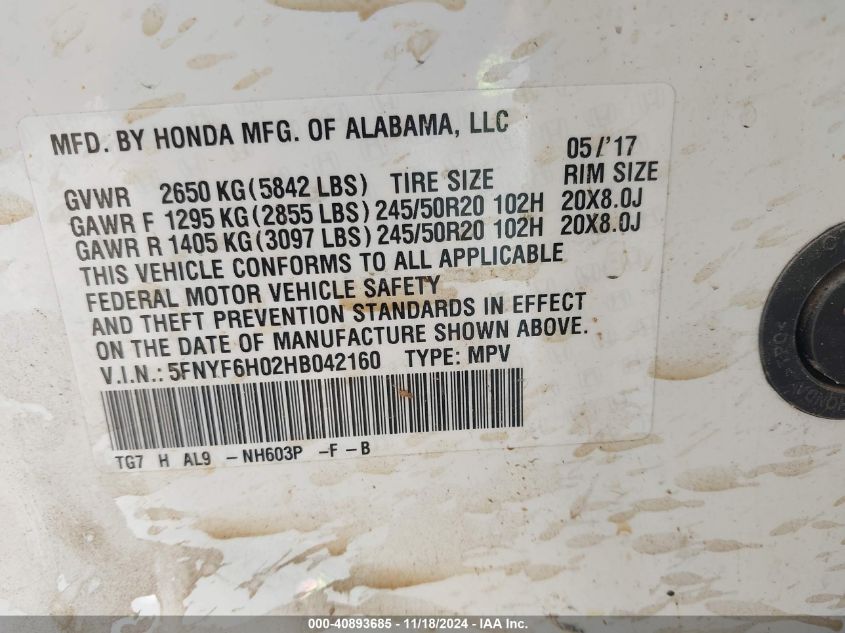 2017 Honda Pilot Elite VIN: 5FNYF6H02HB042160 Lot: 40893685