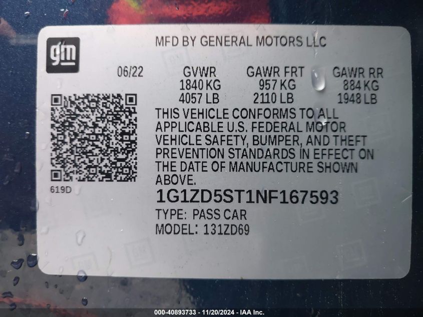 VIN 1G1ZD5ST1NF167593 2022 CHEVROLET MALIBU FWD LT