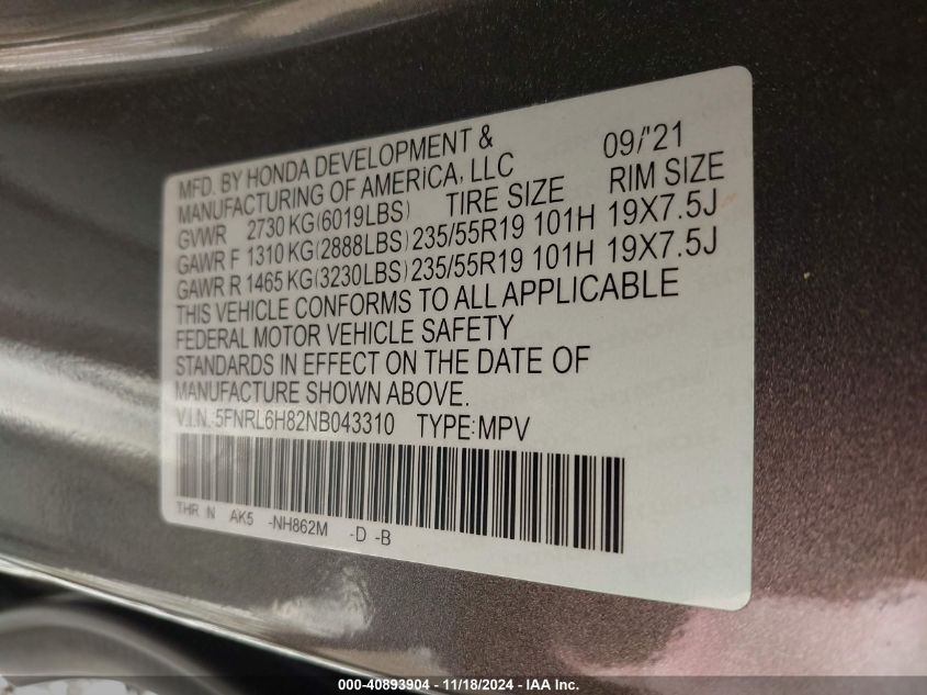 2022 Honda Odyssey Touring VIN: 5FNRL6H82NB043310 Lot: 40893904