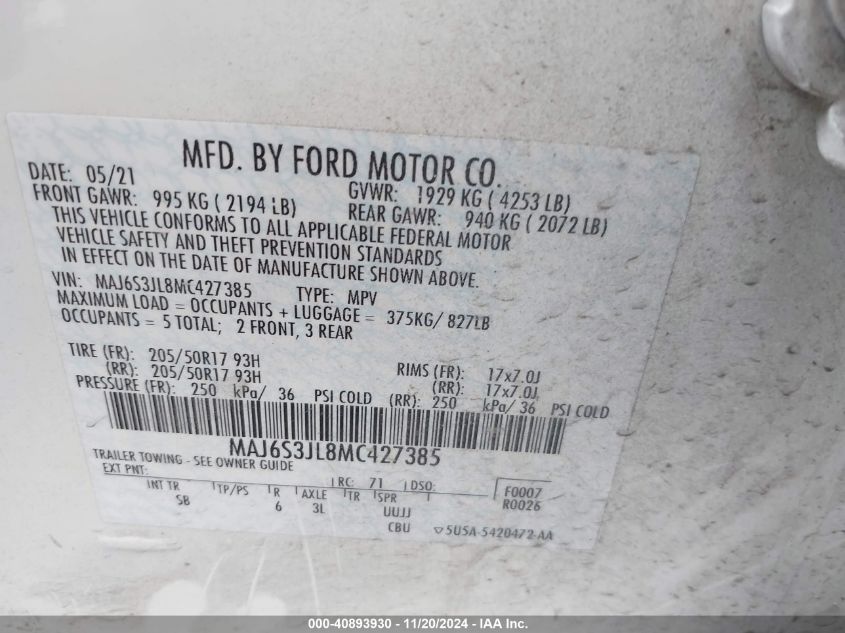 2021 Ford Ecosport Ses VIN: MAJ6S3JL8MC427385 Lot: 40893930