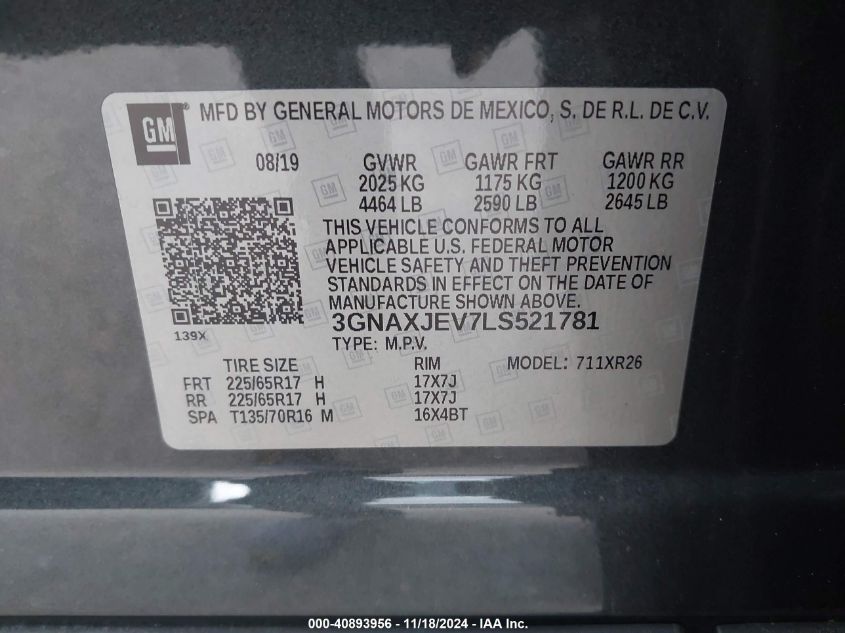 2020 Chevrolet Equinox Fwd 2Fl VIN: 3GNAXJEV7LS521781 Lot: 40893956