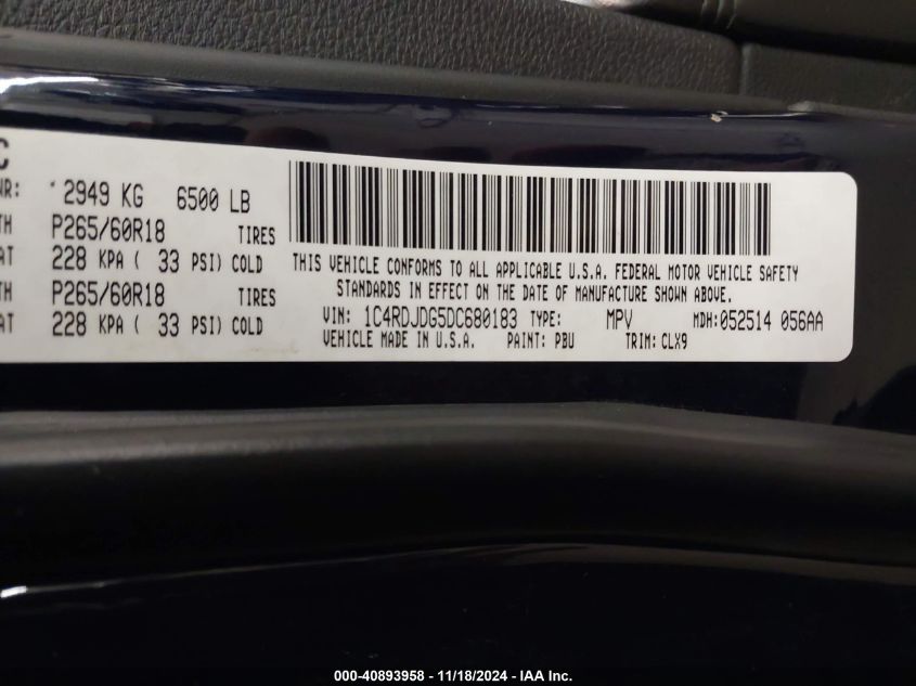 VIN 1C4RDJDG5DC680183 2013 Dodge Durango, Crew no.9