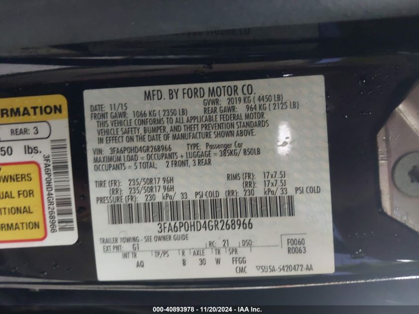 2016 FORD FUSION VIN: 3FA6P0HD4GR268966