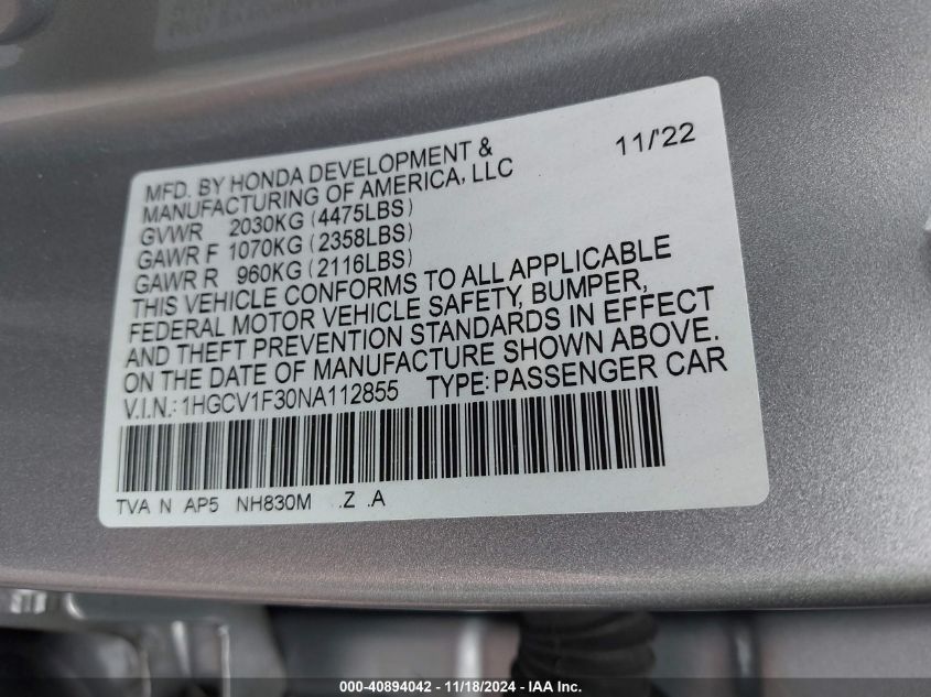 2022 Honda Accord Sport VIN: 1HGCV1F30NA112855 Lot: 40894042