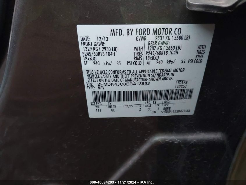 VIN 2FMDK4JC0EBA13893 2014 Ford Edge, Sel no.9