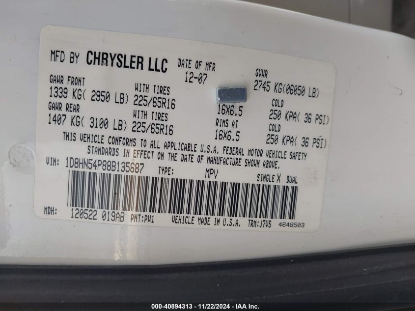 2008 Dodge Grand Caravan Sxt VIN: 1D8HN54P88B135687 Lot: 40894313