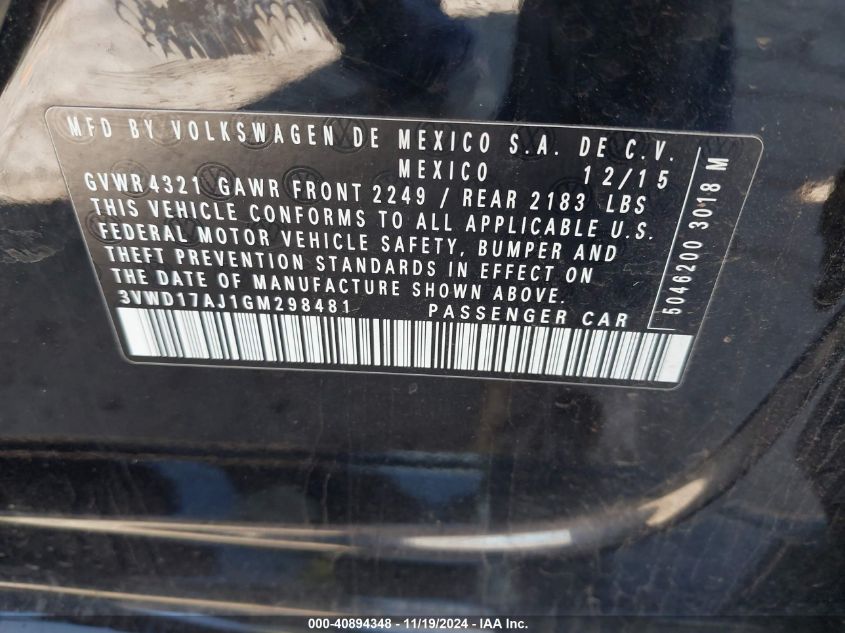 2016 VOLKSWAGEN JETTA VIN: 3VWD17AJ1GM298481