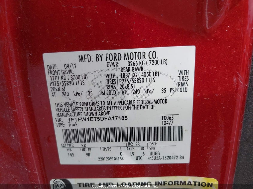 2013 FORD F-150 VIN: 1FTFW1ET5DFA17185