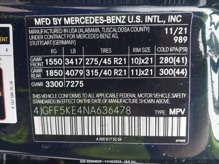 2022 Mercedes-Benz Gls 450 4Matic VIN: 4JGFF5KE4NA636478 Lot: 40894520