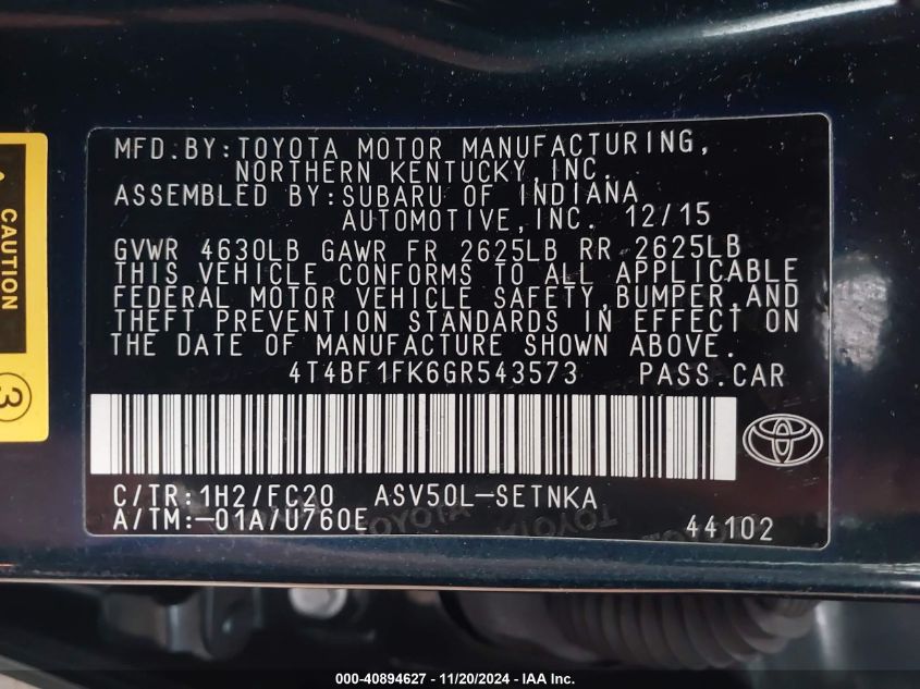 2016 TOYOTA CAMRY VIN: 4T4BF1FK6GR543573