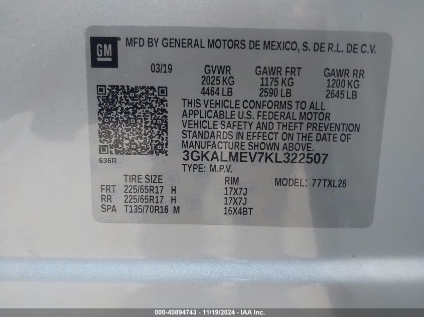 2019 GMC Terrain Sle VIN: 3GKALMEV7KL322507 Lot: 40894743