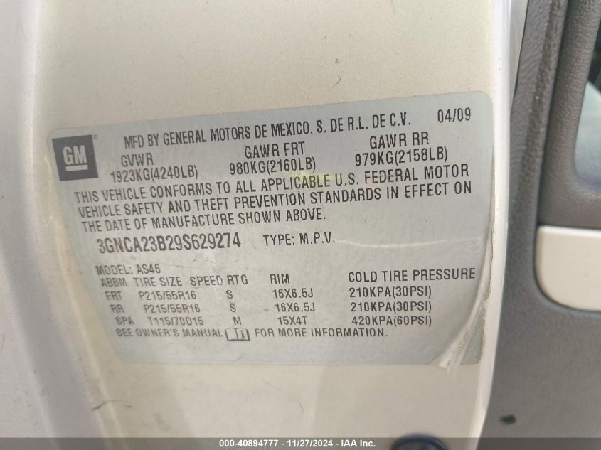 2009 Chevrolet Hhr Lt VIN: 3GNCA23B29S629274 Lot: 40894777