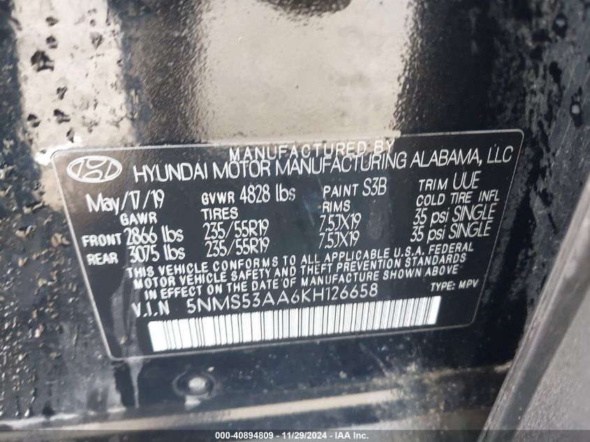 VIN 5NMS53AA6KH126658 2019 HYUNDAI SANTA FE no.9