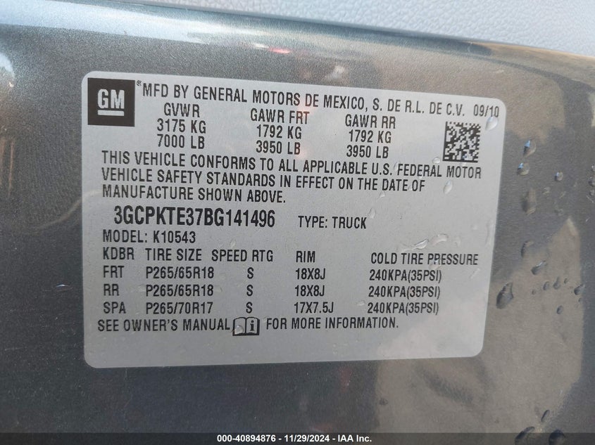 2011 CHEVROLET SILVERADO 1500 VIN: 3GCPKTE37BG141496
