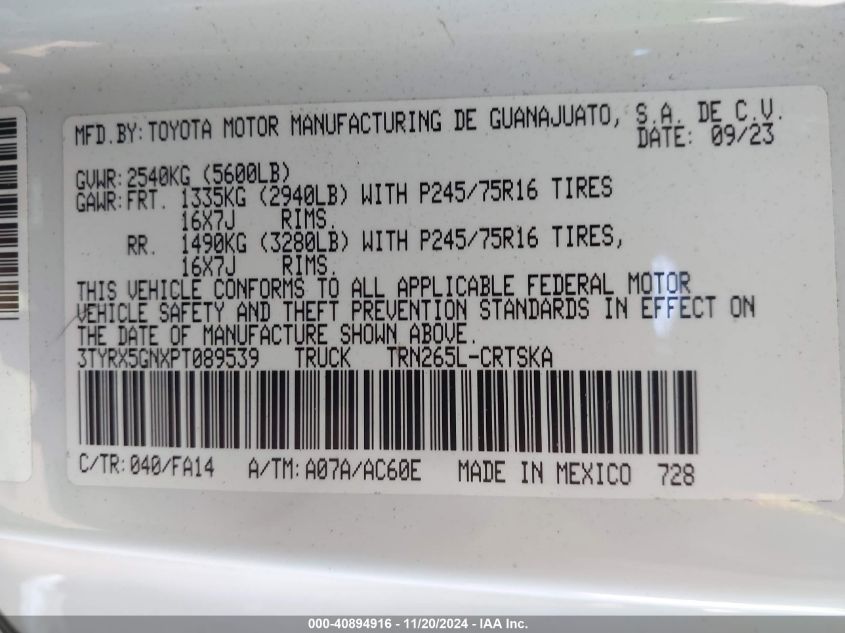 2023 Toyota Tacoma Sr VIN: 3TYRX5GNXPT089539 Lot: 40894916