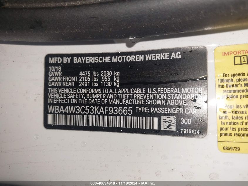 VIN WBA4W3C53KAF93665 2019 BMW 4 Series, 430I no.9