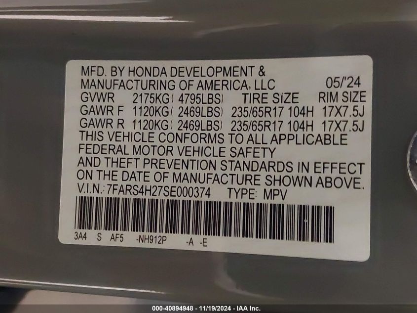 VIN 7FARS4H27SE000374 2025 Honda CR-V, Lx Awd no.9