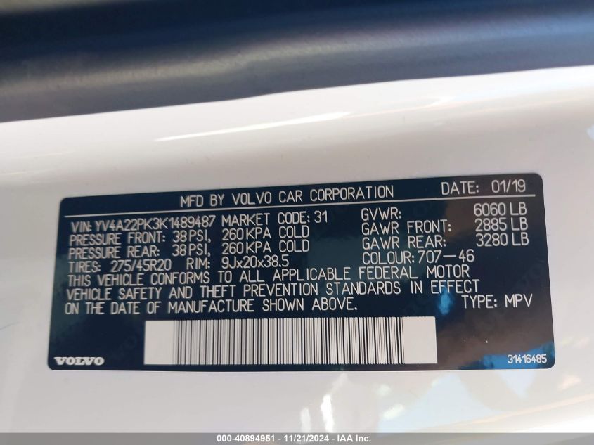 2019 VOLVO XC90 T6 MOMENTUM - YV4A22PK3K1489487