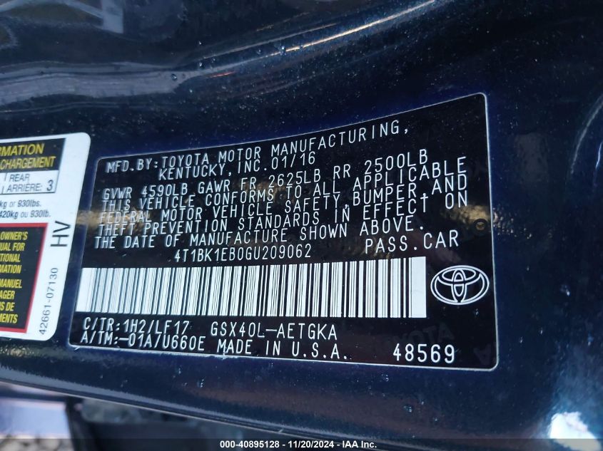 2016 TOYOTA AVALON XLE PREMIUM - 4T1BK1EB0GU209062