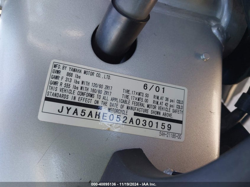 2002 Yamaha Yzf600 R VIN: JYA5AHE052A030159 Lot: 40895136