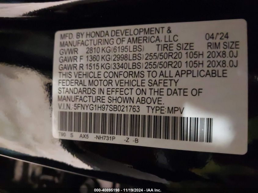 2025 Honda Pilot Black Edition VIN: 5FNYG1H97SB021763 Lot: 40895198