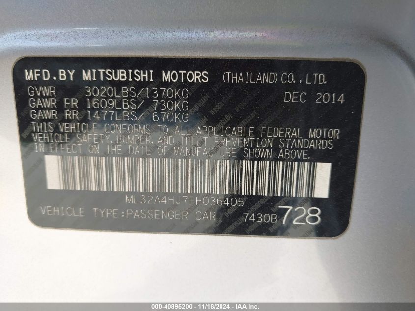 2015 Mitsubishi Mirage Es/Rf VIN: ML32A4HJ7FH036405 Lot: 40895200