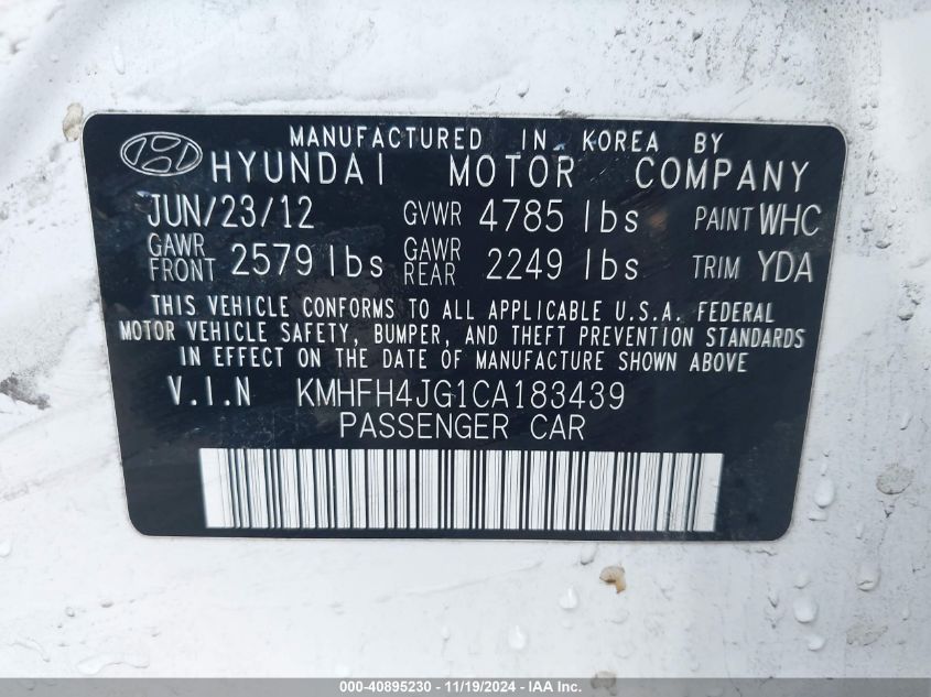 2012 Hyundai Azera VIN: KMHFH4JG1CA183439 Lot: 40895230