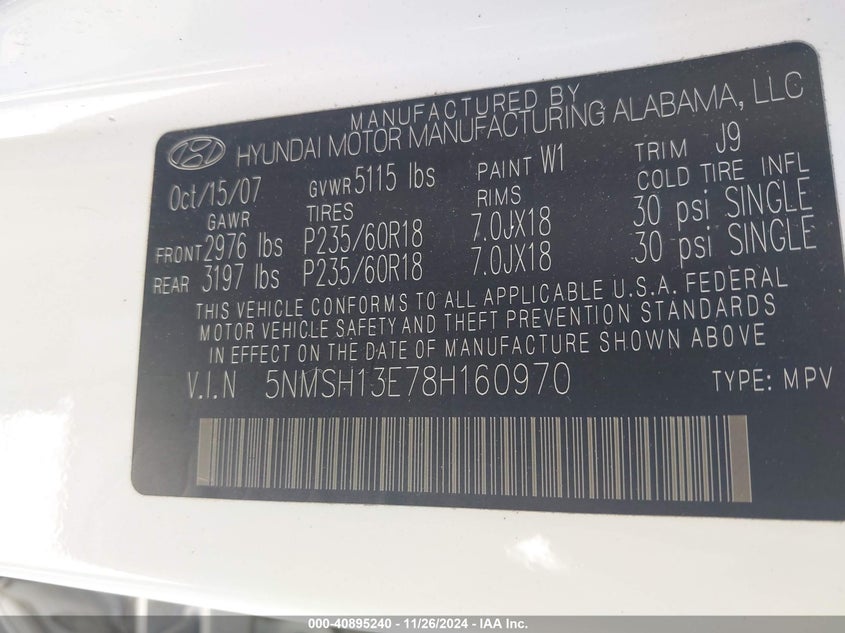 Image 9 of 2008 Hyundai Santa Fe  salvage vehicle - Lot #40895240 at IAAI