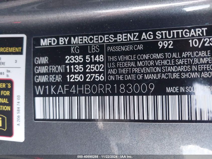 2024 Mercedes-Benz C 300 VIN: W1KAF4HB0RR183009 Lot: 40895288