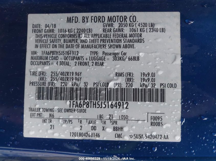 VIN 1FA6P8TH5J5164912 2018 Ford Mustang, Ecoboost no.9