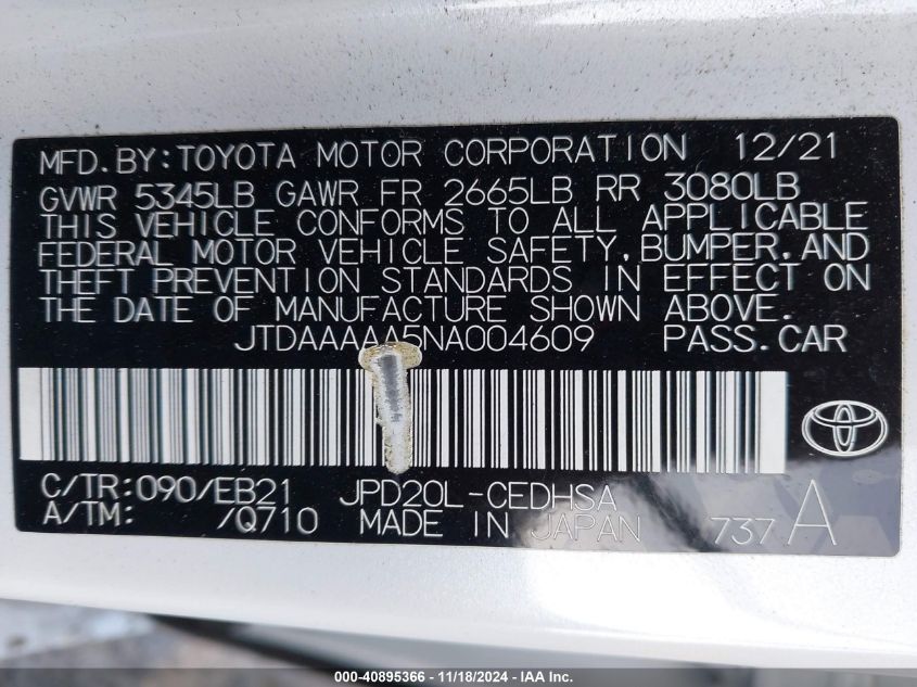 2022 Toyota Mirai Limited VIN: JTDAAAAA5NA004609 Lot: 40895366