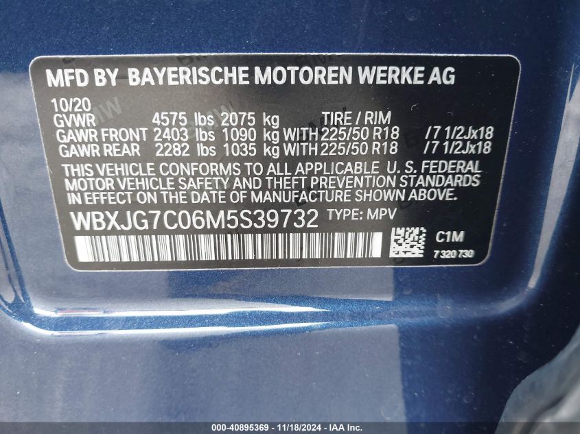 2021 BMW X1 Sdrive28I VIN: WBXJG7C06M5S39732 Lot: 40895369