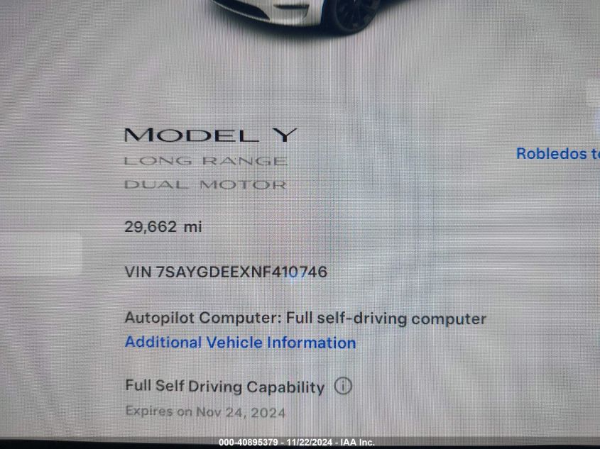 2022 Tesla Model Y Long Range Dual Motor All-Wheel Drive VIN: 7SAYGDEEXNF410746 Lot: 40895379