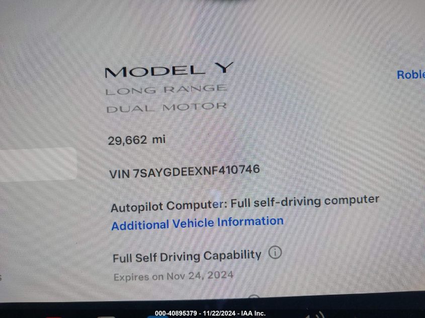 2022 Tesla Model Y Long Range Dual Motor All-Wheel Drive VIN: 7SAYGDEEXNF410746 Lot: 40895379