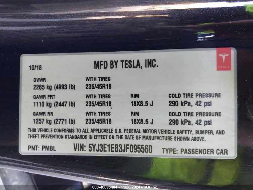 2018 TESLA MODEL 3 LONG RANGE/PERFORMANCE - 5YJ3E1EB3JF095560