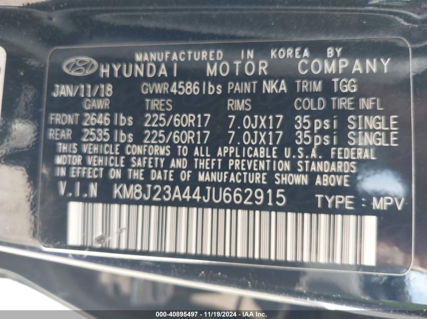 2018 Hyundai Tucson Se VIN: KM8J23A44JU662915 Lot: 40895497