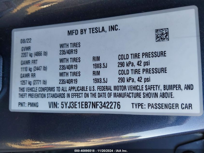 2022 Tesla Model 3 Long Range Dual Motor All-Wheel Drive VIN: 5YJ3E1EB7NF342276 Lot: 40895518