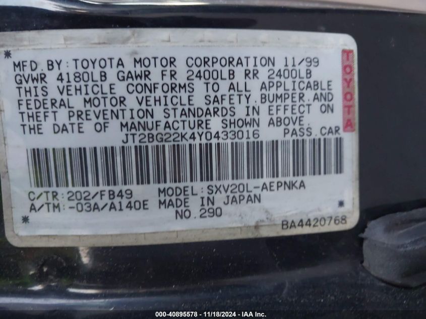 2000 Toyota Camry Le VIN: JT2BG22K4Y0433016 Lot: 40895578