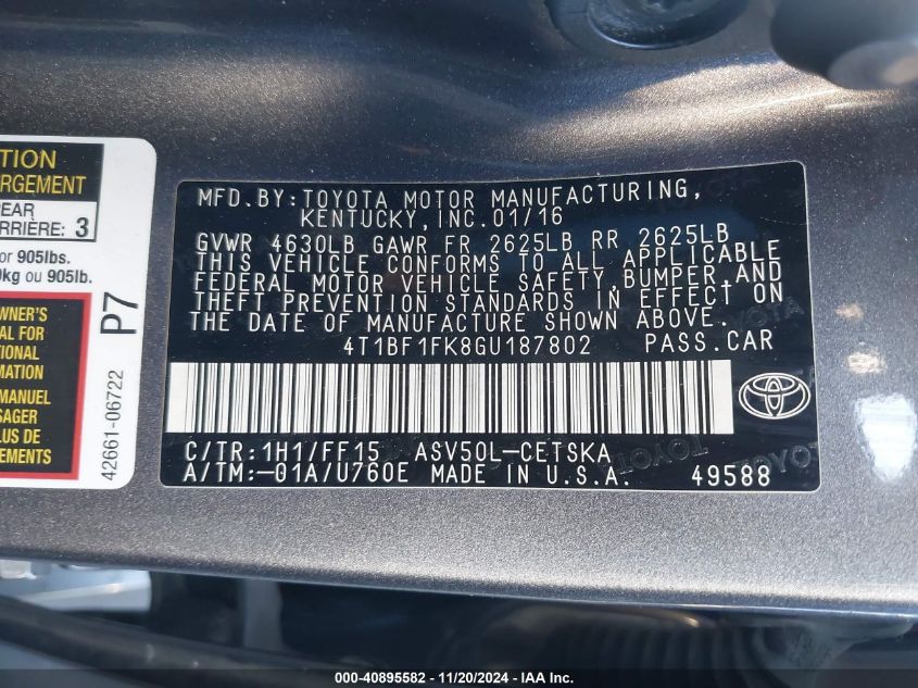 2016 TOYOTA CAMRY VIN: 4T1BF1FK8GU187802