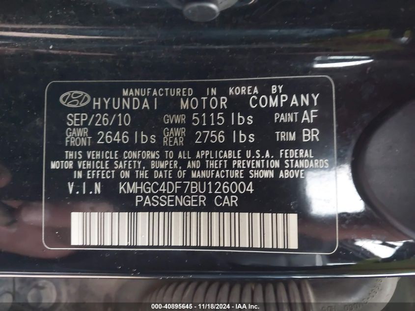 2011 Hyundai Genesis 4.6 VIN: KMHGC4DF7BU126004 Lot: 40895645