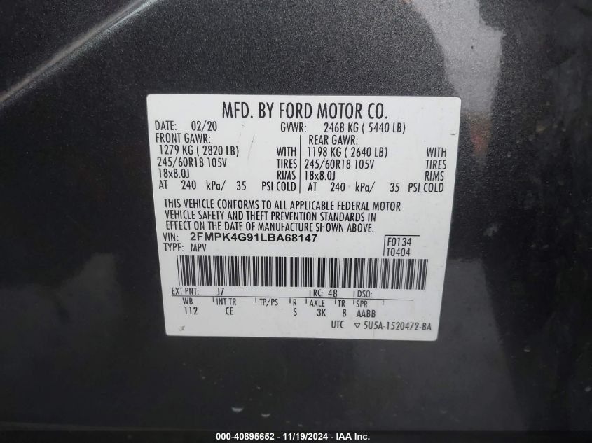 2020 Ford Edge Se VIN: 2FMPK4G91LBA68147 Lot: 40895652