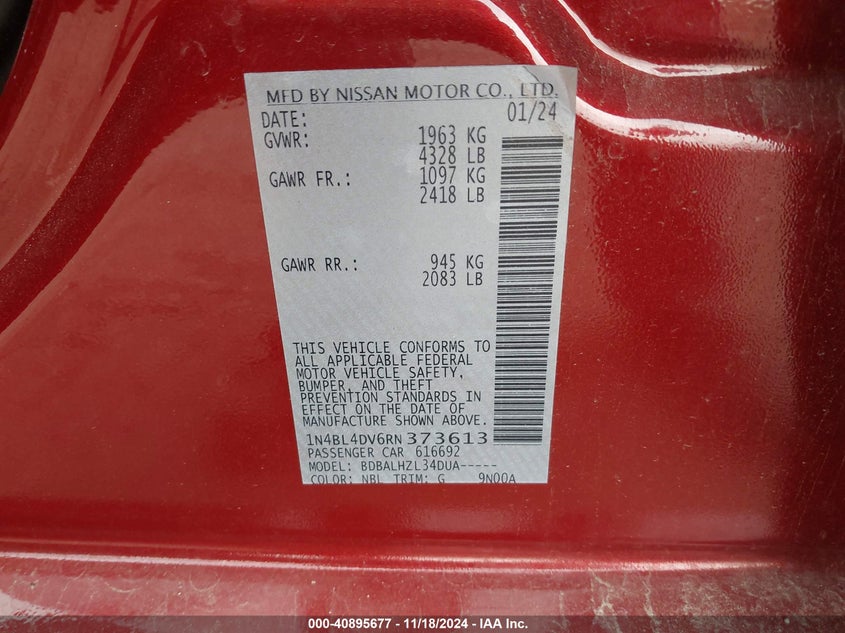 VIN 1N4BL4DV6RN373613 2024 NISSAN ALTIMA SV