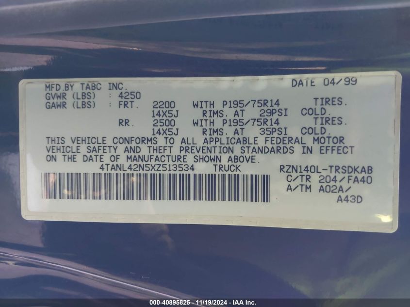 1999 Toyota Tacoma VIN: 4TANL42N5XZ513534 Lot: 40895825