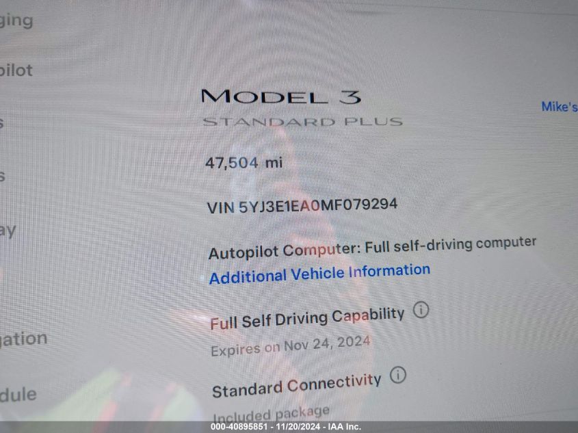 2021 Tesla Model 3 Standard Range Plus Rear-Wheel Drive VIN: 5YJ3E1EA0MF079294 Lot: 40895851