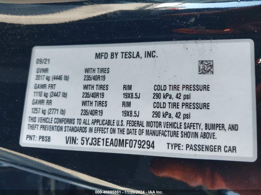 2021 Tesla Model 3 Standard Range Plus Rear-Wheel Drive VIN: 5YJ3E1EA0MF079294 Lot: 40895851