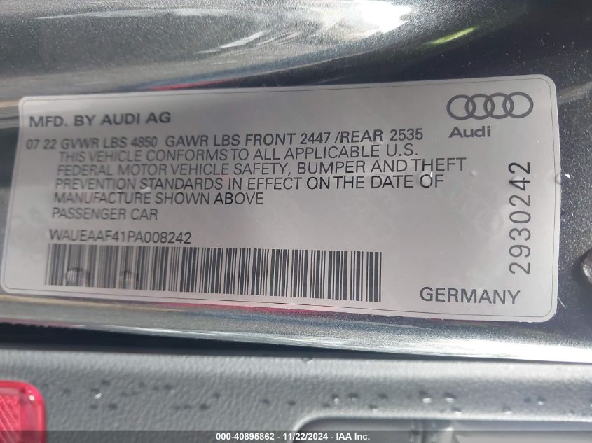 2023 Audi A4 Premium Plus 45 Tfsi S Line Quattro S Tronic VIN: WAUEAAF41PA008242 Lot: 40895862