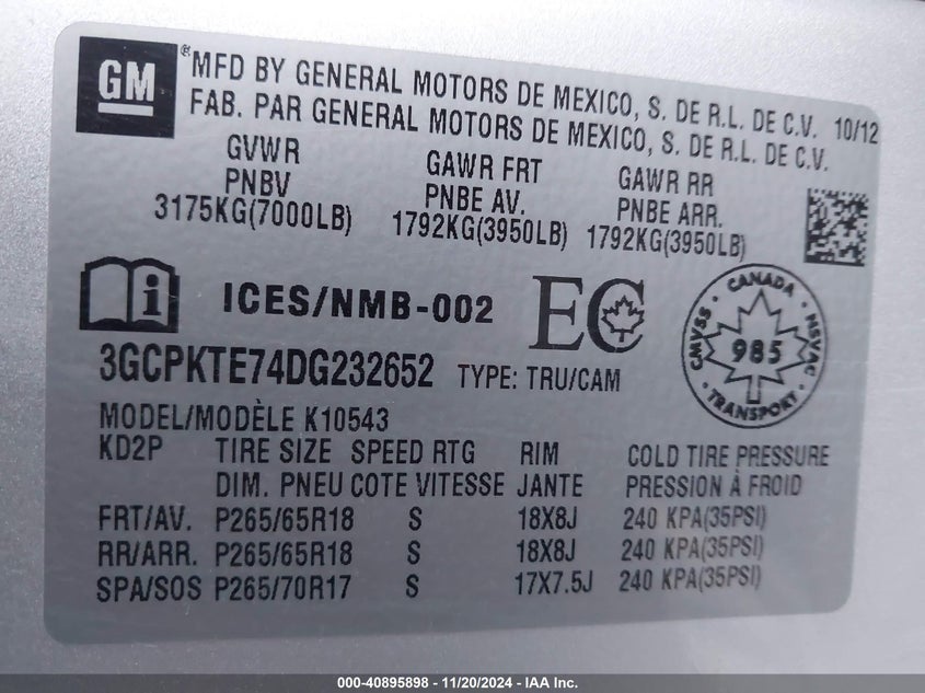 2013 CHEVROLET SILVERADO VIN: 3GCPKTE74DG232652