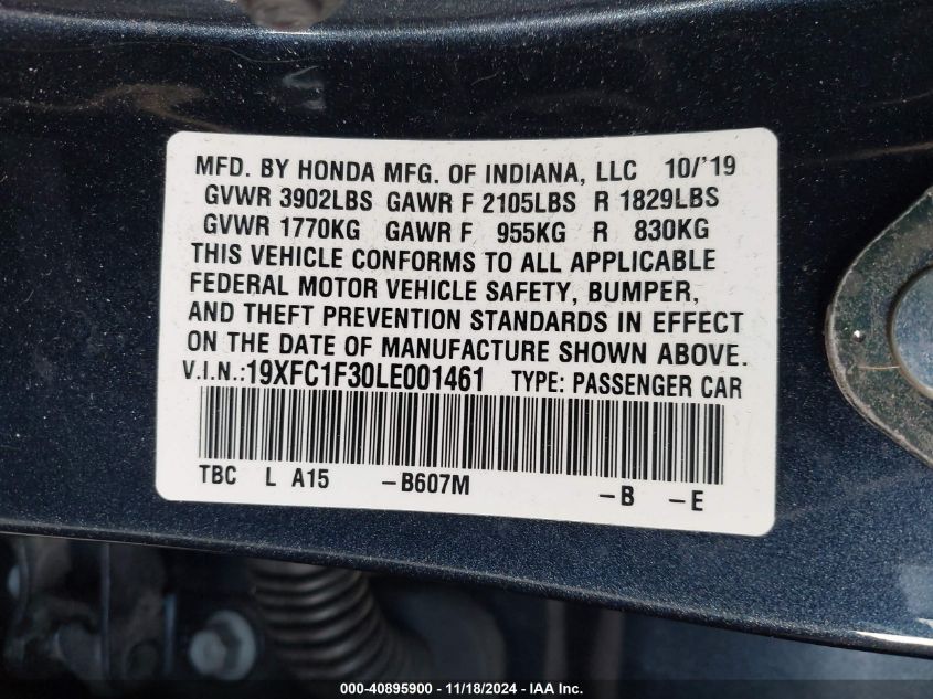 2020 Honda Civic Ex VIN: 19XFC1F30LE001461 Lot: 40895900