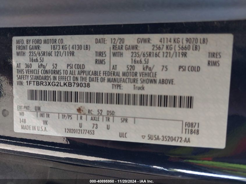 VIN 1FTBR3XG2LKB79038 2020 FORD TRANSIT-250 CARGO VAN